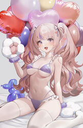  :d absurdres animal_hands arm_support balloon bare_arms bare_shoulders bikini breasts chungla commentary facial_tattoo female frilled_bikini frills gloves grey_background hair_ornament hand_up heart heart_balloon heart_hair_ornament heart_tattoo highres large_breasts light_brown_hair long_hair looking_at_viewer medium_breasts multi-strapped_bikini multicolored_hair navel oerba_yun_fang open_mouth original paw_gloves purple_background purple_eyes purple_hair sidelocks sitting smile solo stomach streaked_hair swimsuit symbol-only_commentary tattoo thighhighs thighs twintails two-tone_hair underboob wariza wavy_hair white_gloves white_thighhighs 