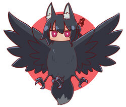  animal animal_ear_fluff animal_ears animalization bird black_hair blush commentary_request female fox_ears fox_girl fox_tail hair_between_eyes hair_bun hair_ornament kemomimi-chan_(naga_u) long_hair looking_at_viewer naga_u original red_background red_eyes single_hair_bun solo tail two-tone_background white_background yatagarasu 