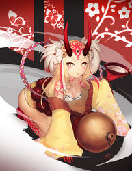  absurdres blonde_hair breasts cleavage commentary_request cup detached_sleeves doha_skylightscent facial_mark fate/grand_order fate_(series) female floral_print highres horns ibaraki_douji_(fate) japanese_clothes kimono kneeling long_hair looking_at_viewer oni oni_horns photoshop_(medium) pointy_ears red_horns sakazuki small_breasts solo tattoo yellow_eyes yellow_kimono 