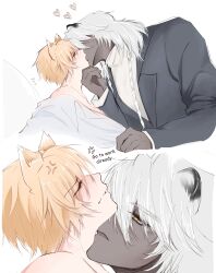  1boy 1other absurdres alternate_costume anger_vein animal_ears annoyed bare_shoulders black_jacket blonde_hair blush braid cat_ears closed_eyes closed_mouth collared_shirt commentary dark_skin eliice131 english_commentary english_text french_kiss from_side hair_between_eyes half-closed_eyes hand_on_another's_chin heart hickey highres honkai:_star_rail honkai_(series) jacket kemonomimi_mode kissing lapels long_hair long_sleeves low-braided_long_hair low-tied_long_hair multiple_views nanook_(honkai:_star_rail) open_clothes open_jacket open_mouth orange_eyes other_with_male phainon_(honkai:_star_rail) phainon_(khaslana)_(honkai:_star_rail) shirt short_hair simple_background snow_leopard_ears speech_bubble sweater turtleneck turtleneck_sweater twin_braids white_background white_hair white_shirt white_sweater 