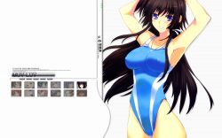  arms_up black_hair blush breasts competition_swimsuit erect_nipples grin highleg highleg_swimsuit iizuki_tasuku large_breasts long_hair mizugi muvluv muvluv_alternative muvluv_alternative_total_eclipse necklace one-piece_swimsuit takamura_yui waki wallpaper 