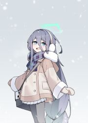  :d absurdres aqua_halo aris_(blue_archive) bag black_hair black_pantyhose blue_archive blue_eyes brown_jacket brown_mittens buttons earmuffs feet_out_of_frame female fur-trimmed_sleeves fur_trim gradient_background grey_background hair_between_eyes halo highres hood hood_down hooded_jacket jacket jambujok long_hair long_hair_between_eyes long_sleeves looking_at_viewer miniskirt mittens multicolored_scarf open_mouth pantyhose plaid_clothes plaid_scarf pleated_skirt pocket rectangular_halo scarf shoulder_bag skirt smile snowing solo standing teeth upper_teeth_only very_long_hair white_skirt winter_clothes 