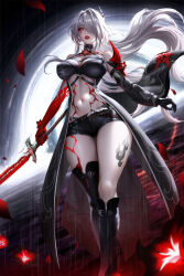  acheron_(honkai:_star_rail) armor bare_shoulders belt black_belt black_gloves black_hole black_shorts black_sleeves blood blood_from_eyes body_markings boots breasts bright_pupils cleavage colored_extremities commentary detached_sleeves female floating_hair flower gloves hair_intakes hair_ornament hair_over_one_eye highres holding holding_sword holding_weapon honkai:_star_rail honkai_(series) katana knee_boots large_breasts leg_tattoo long_hair looking_at_viewer navel official_alternate_color parted_lips realistic red_eyes red_flower red_hands red_petals short_shorts shorts shoulder_armor single_detached_sleeve single_glove single_knee_boot single_thigh_boot single_wide_sleeve solo standing stomach sword tattoo thigh_boots very_long_hair water weapon white_hair white_pupils wo_jiushi_kanbudong 