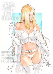  animification artist_name bare_shoulders belt blonde_hair blue_eyes blue_lips boots breasts cape choker cleavage crop_top earrings elbow_gloves emma_frost female gloves groin highleg highleg_panties homare_(fool&#039;s_art) jewelry large_breasts lipstick long_hair looking_at_viewer makeup marvel navel panties parted_lips signature solo teeth thigh_boots thighhighs too_many_watermarks underwear very_long_hair watermark white_background white_cape white_choker white_gloves white_panties x-men 