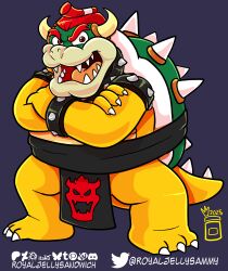  2025 accessory anthro armband asian_clothing bowser bracelet claws clothing collar crossed_arms east_asian_clothing fangs hair hair_accessory hairband hi_res horn japanese_clothing jewelry koopa looking_at_viewer male mario_bros mawashi nintendo open_mouth royaljellysandwich scalie shell signature smile smiling_at_viewer solo spiked_armband spiked_bracelet spiked_collar spiked_shell spikes spikes_(anatomy) spread_legs spreading standing sumo sumo_wrestler teeth tongue wide_eyed 