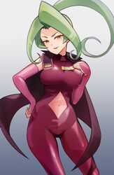  absurdres arm_warmers banka_(pixiv21424331) bodysuit breasts cape commission dinosaur_king female gradient_background green_hair hand_on_own_hip high_ponytail highres large_breasts lipstick long_hair looking_at_viewer makeup navel orange_eyes pink_bodysuit pixiv_commission solo standing ticket usarapa 