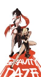  2girls absurdres bare_legs bare_shoulders black_hair blonde_hair blush breasts changpao china_dress chinese_clothes cleavage crow_(gravity_daze) dark-skinned_female dark_skin dress gravity_daze hair_over_one_eye hairband highres kitten_(gravity_daze) long_hair looking_at_viewer medium_breasts mossan351 multicolored_hair multiple_girls ponytail red_eyes red_hair simple_background smile twintails two-tone_hair 