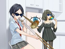  2girls bare_shoulders blue_hair brown_hair cabinet collared_shirt commentary food hayami_kanade idolmaster idolmaster_cinderella_girls idolmaster_cinderella_girls_starlight_stage instrument jewelry kitchen meme multiple_girls mysterious_eyes_(idolmaster) necklace necktie off-shoulder_shirt off_shoulder pantyhose pantyhose_under_shorts plaid plaid_skirt popsicle q-v_(levia) refrigerator shirt short_hair shorts skirt spaghetti_strap sunglasses takagaki_kaede trombone when_mama_isn&#039;t_home_(meme) 