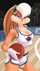  anthro ball basketball basketball_(ball) basketball_uniform bedroom_eyes big_breasts blonde_hair breasts cleavage clothed clothing female hair lagomorph leporid lola_bunny looking_at_viewer looney_tunes mammal midriff nahadon narrowed_eyes nipple_outline rabbit seductive smile smirk solo space_jam sportswear tune_squad_outfit tune_squad_outfit_(1996) uniform warner_brothers 