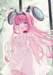  :d ahoge bare_arms bare_shoulders black_choker black_hairband blue_eyes blush choker commentary_request dress female hair_intakes hairband hand_up headgear highres karunabaru lishenna_omen_of_destruction long_hair looking_at_viewer oerba_yun_fang open_mouth pink_hair shadowverse sleeveless sleeveless_dress smile solo standing very_long_hair white_dress 