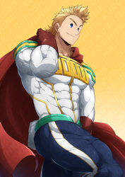  1boy abs absurdres bara blonde_hair blue_eyes blue_pants boku_no_hero_academia cape closed_mouth commission covered_abs covered_navel gloves highres kuroshinki large_pectorals looking_at_viewer male_focus muscular muscular_male pants pectorals red_cape red_gloves shirt short_hair smile solo taut_clothes taut_pants taut_shirt thick_thighs thighs togata_mirio white_shirt yellow_background 