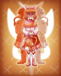  absurdres bad_id bad_tumblr_id blunt_bangs boots bow cassidy_tailor dress emily_thorn female flash_cut hairbow highres long_sleeves magical_girl orange_background orange_eyes orange_hair orange_nails pink_bow scissor_blade_(kill_la_kill) scissors short_hair sleepless_domain smile standing white_footwear 