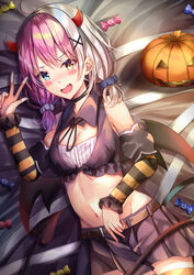  :d ahoge bare_shoulders belt black_skirt blue_eyes breasts brown_eyes candy_wrapper choker cleavage commentary_request crop_top demon_horns demon_tail demon_wings detached_collar detached_sleeves female hair_ornament hair_scrunchie hand_up heterochromia highres horns jack-o&#039;-lantern juliet_sleeves long_sleeves looking_at_viewer low_twintails lying medium_breasts medium_hair midriff miniskirt multicolored_hair navel oerba_yun_fang on_back open_mouth original pink_hair pleated_skirt puffy_sleeves pumpkin scrunchie silver_hair skirt smile solo stomach tail thighhighs tsukasa_tsubasa twintails two-tone_hair w wings zettai_ryouiki 