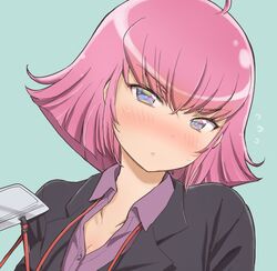  arasa_ol_haman-sama bad_id bad_twitter_id black_jacket blue_eyes blush collarbone collared_shirt female gundam haman_karn head_tilt highres id_card inactive_account iwasaki_masakazu jacket looking_at_viewer office_lady open_mouth pink_hair portrait purple_eyes purple_shirt shirt short_hair solo 