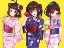  3girls :q alternate_costume antenna_hair blush bow double_bun eating floral_print food food_on_face hair_bun hairbow holding japanese_clothes jintsuu_(kancolle) kantai_collection kimono long_hair long_sleeves multiple_girls naka_(kancolle) obi one_eye_closed open_mouth ponytail sash sendai_(kancolle) short_hair simple_background tongue tongue_out tooi_aoiro two_side_up water_balloon wide_sleeves yellow_background yukata 