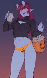  2019 :d abs absurdres aoi_(ittla) artist_name beer_can black_nails black_sweater blue_skin blush breasts can cleavage_cutout clothing_cutout colored_skin commentary drink_can english_commentary female front-print_panties gradient_background groin hair_between_eyes halloween halloween_bucket highres holding holding_can horns ittla jack-o&#039;-lantern_print long_hair long_sleeves looking_at_viewer midriff navel no_pants oni oni_horns open_mouth orange_eyes orange_panties original panties print_panties red_hair ribbed_sweater sharp_teeth simple_background slit_pupils smile solo sweater teeth thick_eyebrows turtleneck turtleneck_sweater underwear 