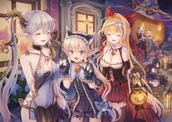  6+girls :d ^_^ animal animal_ear_fluff animal_ears animal_hands bare_shoulders black_capelet black_cat black_dress black_gloves black_hairband black_legwear blonde_hair blue_bow blue_eyes blush bow breasts building burning cande capelet cleavage closed_eyes commentary_request copyright_request crossed_arms dark-skinned_female dark_skin demon_horns demon_wings door dress elbow_gloves emia_wang fake_animal_ears feline fire gloves glowing grey_hair hair_between_eyes hair_ornament hairband halloween hat highres holding holding_lantern horns jack-o&#039;-lantern kneehighs kneeling lantern leaning_forward light_brown_hair long_hair medium_breasts multiple_girls open_mouth outdoors pantyhose paw_gloves paw_shoes photoshop_(medium) pleated_skirt pointy_ears puffy_pants purple_headwear red_eyes red_skirt red_wings shirt skirt sleeveless sleeveless_dress smile socks standing star_(symbol) suspenders torn_clothes torn_legwear twintails v-shaped_eyebrows very_long_hair white_dress white_footwear white_shirt window wings witch_hat 