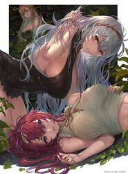  3girls all_fours alushe_anatolia arnas_(yoru_no_nai_kuni) bare_shoulders black_dress blonde_hair blue_eyes breasts cleavage commentary_request dress frilled_shirt frills green_shirt hairband hand_in_own_hair large_breasts leaf long_hair looking_at_viewer lying lyuritis_(yoru_no_nai_kuni) multiple_girls necktie on_back orange_necktie orange_ribbon outdoors parted_lips plant ponytail red_hair red_hairband ribbon shirt sideboob silver_hair sleeveless sleeveless_dress sleeveless_shirt very_long_hair wet wet_clothes wet_dress wet_shirt yellow_eyes yoru_no_nai_kuni yoru_no_nai_kuni_2 yoshiku_(oden-usagi) yuri 