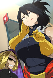  1boy all_might black_eyes black_hair blonde_hair bodysuit boku_no_hero_academia breasts cafekun commentary_request female gloves heart heart-shaped_pupils large_breasts mole mole_under_mouth muscular muscular_female nervous_sweating shimura_nana sleeveless sleeveless_bodysuit straight stray_pubic_hair superhero_costume sweat symbol-shaped_pupils teeth toilet_symbol tongue tongue_out yellow_gloves 