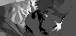  2boys bad_id balnom bara close-up closed_eyes couple greyscale hand_on_another&#039;s_head kekkai_sensen kissing klaus_von_reinhertz male_focus monochrome multiple_boys mutton_chops nude on_bed scar scar_on_cheek scar_on_face short_hair sideburns steven_a._starphase tusks yaoi 