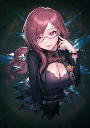  absurdres black_jacket breasts cleavage cleavage_cutout clothing_cutout female glasses highres idolmaster idolmaster_cinderella_girls jacket large_breasts looking_at_viewer mazel_(mazel_star) nail_polish purple_eyes purple_hair semi-rimless_eyewear smile solo upper_body yagami_makino 