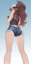  1girl 1girls 2020 2020s anime ass back bare_shoulders baseball_cap behind_view black_vest blue_eyes blush brown_hair butt cap cheshirrr covered_mouth denim denim_shorts female from_below hat high_resolution hilda_(pokemon) human jean_shorts kneepits legs looking_at_viewer looking_back looking_down looking_over_shoulder manga moderate_tomboy pokemon pokemon_bw ponytail shorts solo standing thighs tied_hair tomboy vest video_game_franchise wristband 