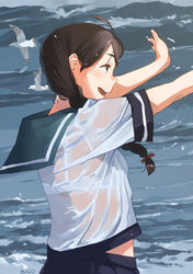  bangs banned_artist bird blue_sailor_collar blue_skirt blush bra braid brown_eyes brown_hair female kantai_collection long_hair makio_(makiomeigenbot) ocean outdoors outstretched_arms pleated_skirt profile sailor_collar school_uniform see-through serafuku short_sleeves signature single_braid skirt solo underwear uranami_(kantai_collection) water waves wet wet_clothes white_bra 