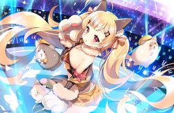  ahoge animal_ears animal_hands azur_lane bare_shoulders blonde_hair bow commentary_request crop_top eldridge_(azur_lane) eldridge_(kitty_idol)_(azur_lane) facial_mark feline female flat_chest floating_hair fur_trim gloves glowstick hairbow jpeg_artifacts kurot long_hair looking_at_viewer meowfficer_(azur_lane) midriff miniskirt official_alternate_costume orange_skirt parted_lips paw_gloves pleated_skirt red_eyes skirt solo stage_lights twintails twitter_username very_long_hair 