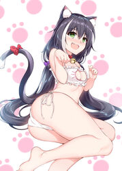  @_@ absurdres animal_ear_fluff animal_ears ass barefoot bell black_hair blush bra breasts cat_cutout cat_ears cat_girl cat_lingerie cat_tail cleavage cleavage_cutout clothing_cutout collar commentary female green_eyes highres jingle_bell karyl_(princess_connect!) long_hair low_twintails meme_attire multicolored_hair neck_bell oerba_yun_fang open_mouth panties paw_pose paw_print princess_connect! red_collar side-tie_panties solo streaked_hair tail tears twintails underwear underwear_only very_long_hair white_hair xin_(zinc) 