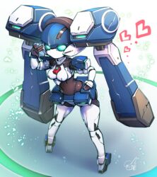  blazermate breasts commentary_request covered_navel doyouwantto female full_body glowing glowing_eyes green_eyes hand_on_own_hip hand_up heart joints mecha_musume medarot no_mouth no_nose robot robot_joints salute signature solo standing twintails two-finger_salute 