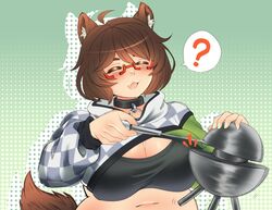  :3 ? abstract_background absurdres ahoge animal_ear_fluff animal_ears belly blush breasts brown_hair closed_eyes collar commentary cropped_hoodie demon_core dog_ears dog_girl dog_tail edie_crop_hoodie english_commentary female glasses green_nails halftone halftone_background highres holding holding_screwdriver hood hoodie indie_virtual_youtuber kaibuzetta large_breasts long_sleeves meme_attire midriff mint_castella navel oerba_yun_fang open_mouth plump red-framed_eyewear screwdriver second-party_source semi-rimless_eyewear short_hair smile solo spoken_question_mark tail under-rim_eyewear upper_body virtual_youtuber 