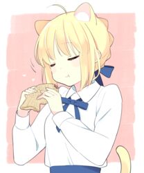  87banana ahoge animal_ears artoria_pendragon_(fate) blonde_hair blouse blush breasts cat_ears cat_tail closed_eyes commentary_request dress eating fate/stay_night fate_(series) female food hair_bun hair_ribbon long_sleeves ribbon saber_(fate) shirt single_hair_bun skirt solo tail taiyaki wagashi 