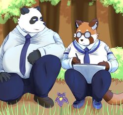  2022 ailurid anthro bari_mu bear belly big_belly black_body black_nose bottomwear clothing duo eyewear giant_panda glasses hi_res kemono male mammal necktie outside overweight overweight_male pants plant red_panda shirt topwear tree white_body 