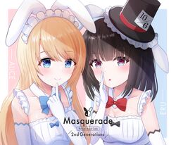  2girls :o alice_in_wonderland animal_ears black_hair blonde_hair blue_bow boushiya_elle bow elbow_gloves gloves highres hikkyou long_hair maid maid_headdress masquerade_channel multiple_girls rabbit_ears red_bow smile upper_body virtual_youtuber white_gloves yumemiya_alice 