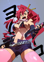  absurdres anti-materiel_rifle belt bikini bikini_top_only breasts commentary female flame_print gradient_background gun hair_between_eyes hair_ornament highres ichi_orgin large_breasts long_hair looking_at_viewer navel no_shirt open_mouth pink_thighhighs ponytail red_hair rifle scarf short_shorts shorts simple_background skull_hair_ornament sniper_rifle solo studded_belt swimsuit teeth tengen_toppa_gurren_lagann thighhighs upper_teeth_only weapon yellow_eyes yoko_littner 