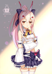  :o aliter arm_grab artist_name ayanami_(azur_lane) azur_lane bare_shoulders blush bow breasts collared_shirt commentary detached_sleeves female frilled_skirt frilled_sleeves frills hair_between_eyes hair_ornament hairbow hairclip headgear heart high_ponytail highres light_brown_hair logo long_hair long_sleeves midriff parted_lips plaid plaid_bow plaid_skirt pleated_skirt ponytail purple_bow purple_skirt red_eyes shirt sidelocks signature skirt sleeveless sleeveless_shirt sleeves_past_wrists small_breasts solo thighhighs very_long_hair white_shirt white_sleeves white_thighhighs wide_sleeves yellow_bow 