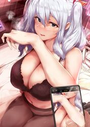  black_bra black_panties black_pantyhose blue_eyes bra breasts cellphone cellphone_photo cleavage commentary_request cowboy_shot female highres kantai_collection kashima_(kancolle) large_breasts looking_at_viewer osterei panties pantyhose phone sitting smartphone solo twintails underwear wavy_hair white_hair 