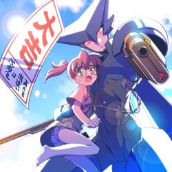  1boy android armor asagi_marin ass barefoot brigadoon brown_hair closed_mouth cloud colored_skin day dress female glasses green_eyes looking_at_viewer mecha melan_blue open_mouth panties ponytail red_eyes robot short_hair skirt sky tetsukuzu_tetsuko translation_request underwear weapon 