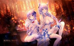  2girls anthro azur_lane blue_eyes braids breasts cleavage dress drink elbow_gloves gloves illustrious_(azur_lane) long_hair purple_eyes purple_hair thighhighs unicorn_(azur_lane) white_hair yu_jiu 