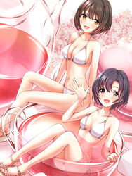  2girls bare_shoulders bikini black_hair blush breasts collarbone cup dot_nose food hand_up haua high_heels highres idolmaster idolmaster_cinderella_girls idolmaster_cinderella_girls_starlight_stage knees_up large_breasts legs looking_at_viewer macaron medium_breasts miss_fortune_(idolmaster) multiple_girls nail_polish navel o-ring o-ring_bikini open_hand open_mouth partially_submerged platform_footwear purple_eyes sandals shiragiku_hotaru short_hair side-tie_bikini_bottom sideboob sitting sitting_on_object smile sugar_cube swimsuit takafuji_kako teacup teapot toenail_polish toenails toes white_bikini yellow_eyes 