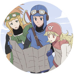  2boys blonde_hair breasts closed_mouth curly_hair dragon_quest dragon_quest_ii dress female gloves goggles goggles_on_head hat hood hyakuen_raitaa long_hair long_sleeves multiple_boys open_mouth photoshop_(medium) prince_of_lorasia prince_of_samantoria princess_of_moonbrook red_eyes spiked_hair sword weapon 