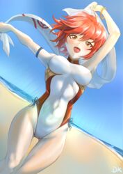  :d absurdres arm_strap arm_up armpits ass_visible_through_thighs beach blue_ribbon blue_sky bracelet breasts brown_eyes casual_one-piece_swimsuit covered_nipples day deekei dutch_angle female fire_emblem fire_emblem_fates hair_between_eyes highleg highleg_swimsuit highres hinoka_(fire_emblem) impossible_clothes impossible_swimsuit jewelry looking_at_viewer medium_breasts ocean one-piece_swimsuit open_mouth outdoors outstretched_arm red_hair ribbon short_hair sky smile solo standing swimsuit thigh_gap water white_one-piece_swimsuit 