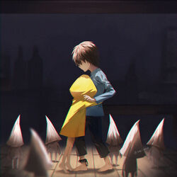  6+others bare_legs barefoot blurry blurry_background bottle brown_hair brown_pants character_request commentary dark from_side full_body hat hug little_nightmares long_sleeves meipoi multiple_others pants raincoat shirt short_hair six_(little_nightmares) standing symbol-only_commentary yellow_raincoat 