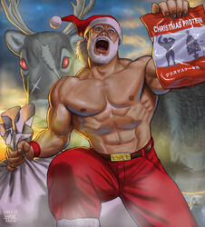  1boy 2022 bag beard belt blue_eyes christmas commentary english_text facial_hair feline glowing glowing_eye hat holding holding_bag looking_at_viewer male_focus matataku muscular muscular_male navel nose old old_man open_mouth original pants red_eyes red_pants reindeer running santa_claus santa_hat shouting surprised_cat_(matataku) topless_male translated veins veiny_arms whey_protein_powder white_cat white_hair 