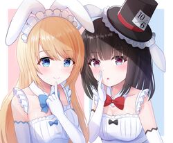  2girls :o alice_in_wonderland animal_ears black_hair blonde_hair blue_bow boushiya_elle bow elbow_gloves gloves highres hikkyou long_hair maid maid_headdress masquerade_channel multiple_girls rabbit_ears red_bow smile upper_body virtual_youtuber white_gloves yumemiya_alice 