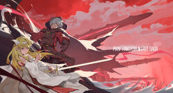  1boy bare_shoulders black_gloves blonde_hair braid cancer_(zjcconan) cape cloud cloudy_sky ezel_the_king_of_fire_and_iron falia_the_queen_of_the_mountains female gloves grey_eyes headgear highres holding holding_sword holding_weapon hood hood_up long_hair outdoors photoshop_(medium) pixiv_fantasia pixiv_fantasia_last_saga pointy_ears red_eyes red_sky sky sword torn_cape torn_clothes weapon white_hair 