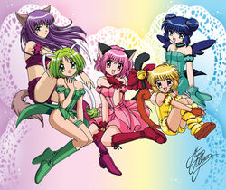  5girls aizawa_mint animal_ears blonde_hair blue_gloves blue_hair bridal_garter bubble_skirt cat_ears cat_tail choker dress fong_pudding fujiwara_zakuro gloves green_hair long_hair looking_at_viewer magical_girl marco_albiero mew_ichigo mew_lettuce mew_mint mew_pudding mew_zakuro midorikawa_lettuce momomiya_ichigo monkey_tail multiple_girls one_eye_closed open_mouth parted_lips photoshop_(medium) pink_choker pink_dress pink_eyes pink_hair puffy_sleeves purple_hair red_gloves red_ribbon ribbon short_hair skirt sleeveless sleeveless_dress smile standing strapless tail tied_hair tokyo_mew_mew yellow_eyes 