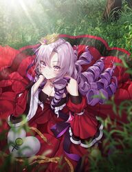  absurdres bare_shoulders black_gloves blush breasts chest_tattoo choker cleavage closed_mouth commentary crown dress drill_hair female gem gloves grass hachihachy hair_ribbon half_gloves hand_on_own_cheek hand_on_own_face highres holding hyakumantenbara_salome juliet_sleeves large_breasts long_hair long_sleeves looking_at_viewer nijisanji off-shoulder_dress off_shoulder outdoors parted_bangs puffy_sleeves purple_eyes purple_hair purple_ribbon purple_sash red_dress red_gemstone red_sleeves ribbon sash scorpion_tattoo sidelocks smile solo tattoo venus_symbol virtual_youtuber wide_sleeves 