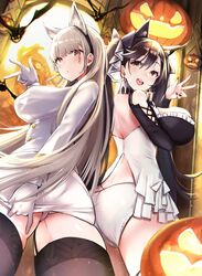  2girls adjusting_clothes adjusting_skirt animal_ears arm_between_breasts ass atago_(azur_lane) atago_(azur_lane)_(cosplay) azur_lane bare_shoulders bat_(animal) between_breasts black_dress black_hair black_hairband black_thighhighs blush breasts brown_eyes cosplay costume_switch dress earrings extra_ears fake_animal_ears formidable_(azur_lane) formidable_(azur_lane)_(cosplay) frilled_dress frills from_behind gloves grey_hair hair_ribbon hairband highres jack-o&#039;-lantern jewelry large_breasts long_hair long_sleeves looking_at_viewer looking_back mappaninatta military military_uniform miniskirt mole mole_under_eye multiple_girls open_mouth red_eyes ribbon skirt smile swept_bangs thighhighs twintails two-tone_dress two-tone_ribbon uniform very_long_hair w white_gloves white_ribbon 