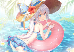  afloat ass back bikini bikini_skirt blue_bikini blue_eyes breasts duplicate fate/grand_order fate_(series) female flower hat hat_flower hat_ribbon highres innertube kyaroru leaf looking_at_viewer marie_antoinette_(fate) marie_antoinette_(swimsuit_caster)_(fate) marie_antoinette_(swimsuit_caster)_(third_ascension)_(fate) open_mouth petals petals_on_liquid pixel-perfect_duplicate ribbon sidelocks small_breasts smile sun_hat swim_ring swimsuit twintails water white_hair 